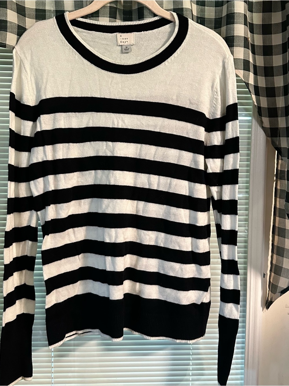 a new day Black and White Striped Crewneck Pullover Sweater